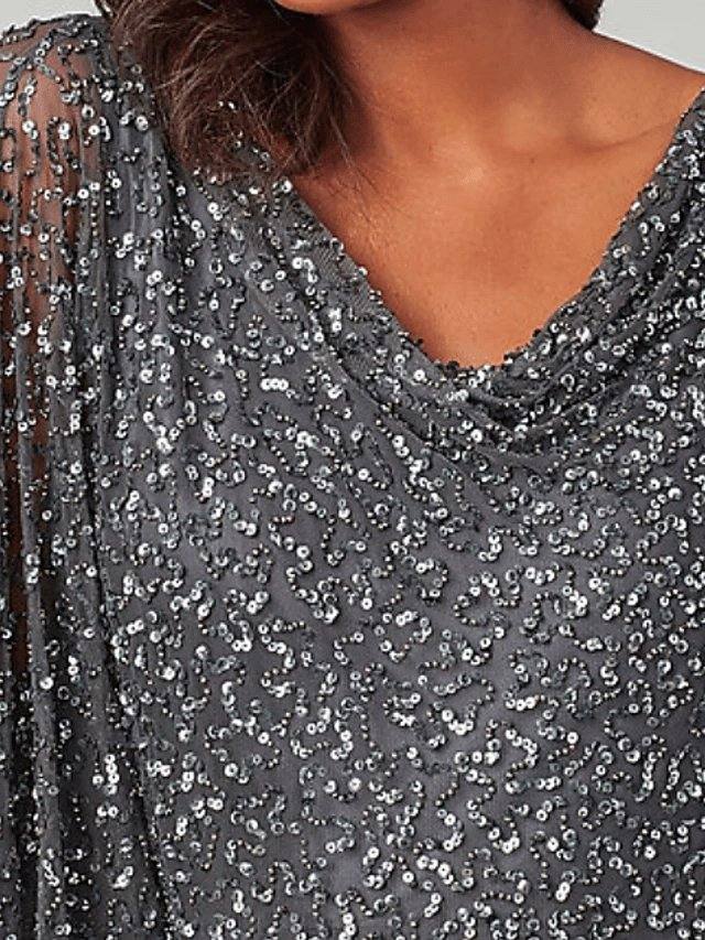 Mother of the Bride Dress Elegant V Neck Floor Length Chiffon Long Sleeve with Beading Sequin - RongMoon