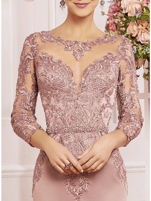 Mother of the Bride Dress Plus Size Elegant Bateau Neck Knee Length Lace Satin 3/4 Length Sleeve with Ruffles - RongMoon