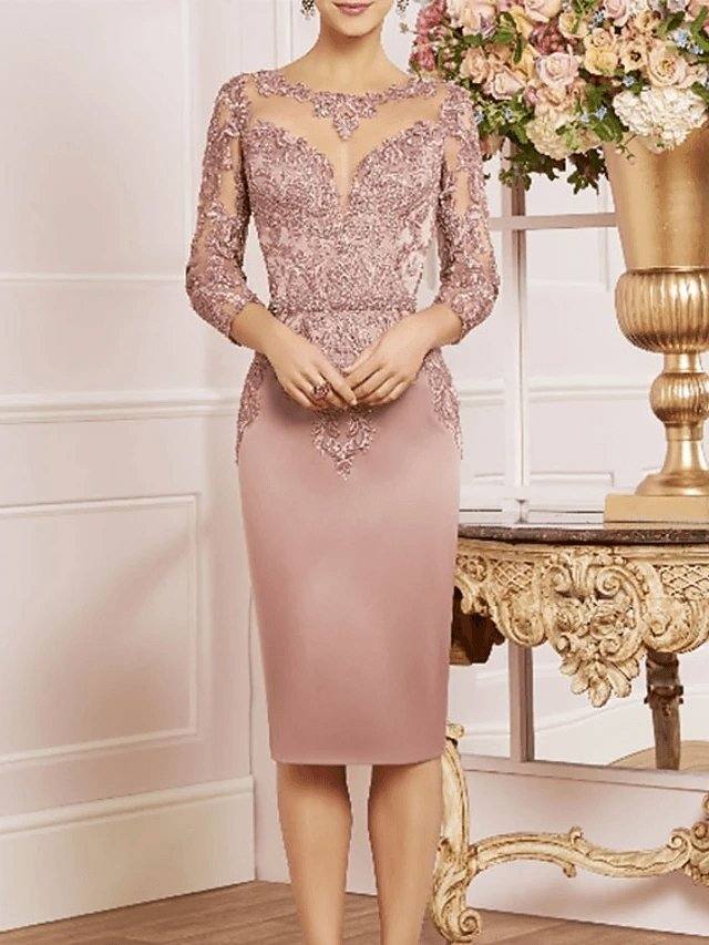 Mother of the Bride Dress Plus Size Elegant Bateau Neck Knee Length Lace Satin 3/4 Length Sleeve with Ruffles - RongMoon