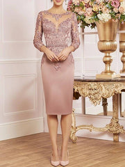 Mother of the Bride Dress Plus Size Elegant Bateau Neck Knee Length Lace Satin 3/4 Length Sleeve with Ruffles - RongMoon
