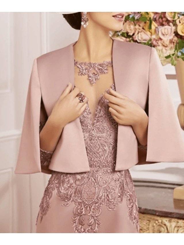 Mother of the Bride Dress Plus Size Elegant Bateau Neck Knee Length Lace Satin 3/4 Length Sleeve with Ruffles - RongMoon