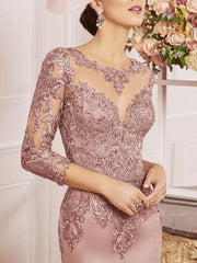 Mother of the Bride Dress Plus Size Elegant Bateau Neck Knee Length Lace Satin 3/4 Length Sleeve with Ruffles - RongMoon