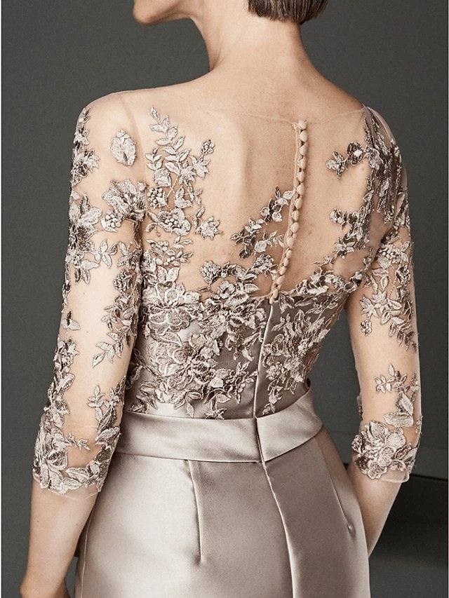 Mother of the Bride Dress Plus Size Elegant See Through Bateau Neck Knee Length Satin Tulle Half Sleeve with Beading Ruffles - RongMoon