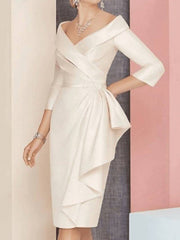 Mother of the Bride Dress Plus Size Elegant Vintage V Neck Knee Length Satin 3/4 Length Sleeve with Sash / Ribbon Ruching - RongMoon