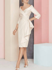 Mother of the Bride Dress Plus Size Elegant Vintage V Neck Knee Length Satin 3/4 Length Sleeve with Sash / Ribbon Ruching - RongMoon