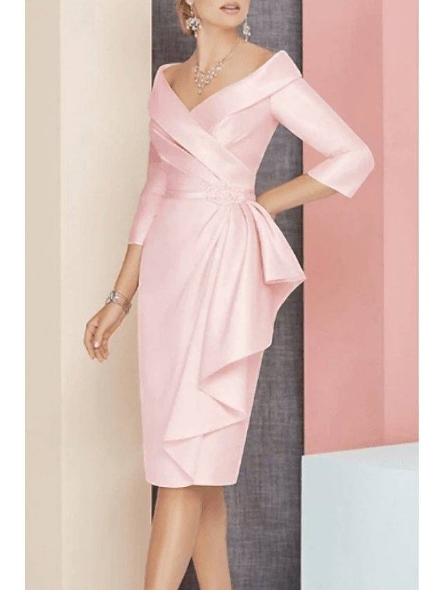 Mother of the Bride Dress Plus Size Elegant Vintage V Neck Knee Length Satin 3/4 Length Sleeve with Sash / Ribbon Ruching - RongMoon