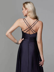 A-Line Prom Dresses Beautiful Back Dress Evening Party Floor Length Sleeveless Spaghetti Strap Satin Crisscross Back with Beading Side Draping