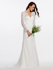 Beach Boho Wedding Dresses Sweep / Brush Train Sheath / Column Long Sleeve V Neck Chiffon With Lace Buttons