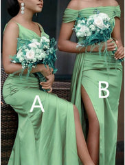 Sheath / Column Bridesmaid Dress V Neck / Off Shoulder Sleeveless Elegant Sweep / Brush Train Charmeuse with Split Front / Solid Color - RongMoon