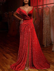 A-Line Sparkle & Shine High Split Prom Formal Evening Dress V Neck Short Sleeve Court Train Satin with Sequin Slit