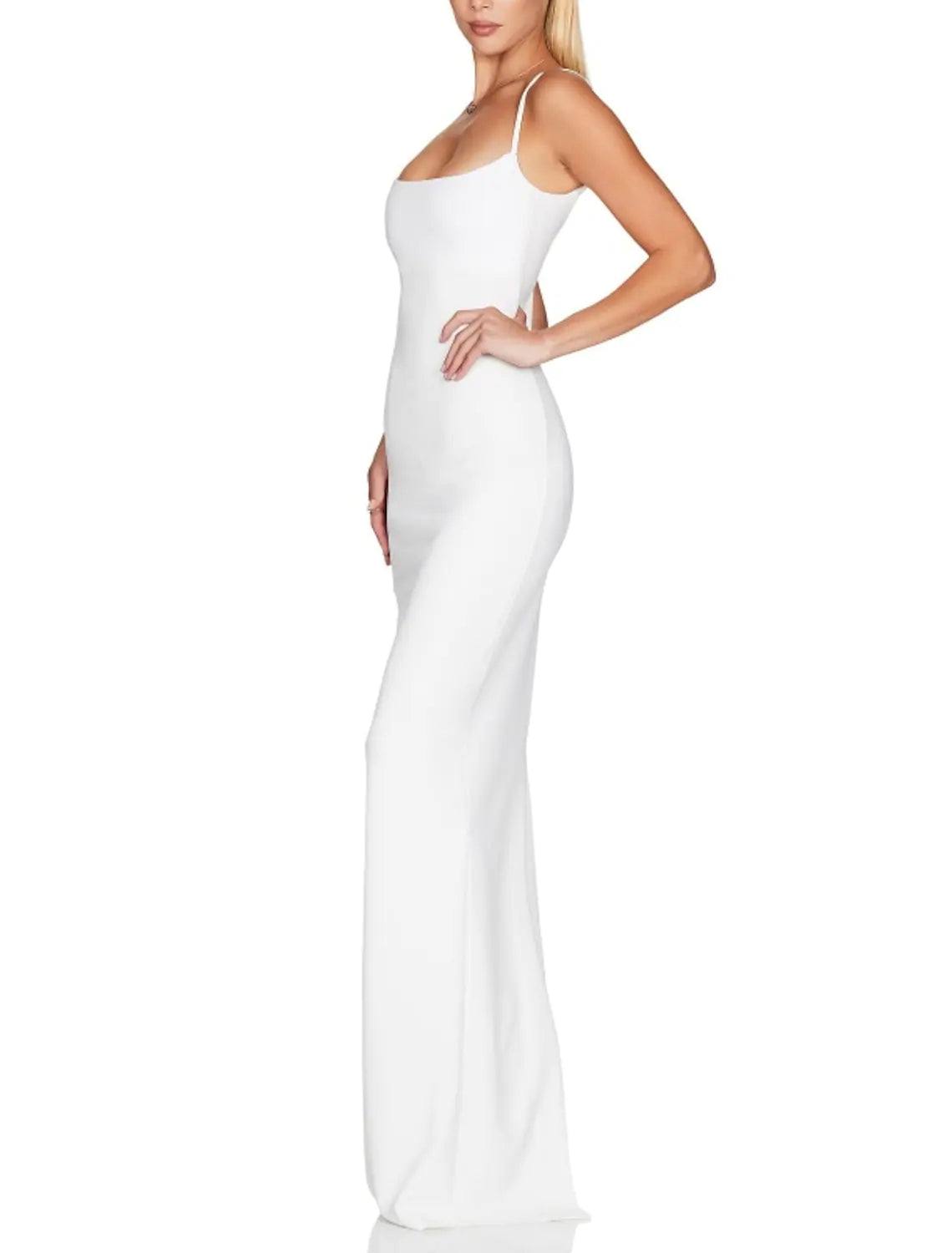 Sheath / Column Bridesmaid Dress Spaghetti Strap Sleeveless Elegant Sweep / Brush Train Stretch Fabric with Split Front / Solid Color - RongMoon
