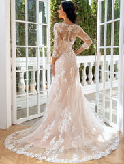 Engagement Formal Wedding Dresses Mermaid / Trumpet Sweetheart Long Sleeve Sweep / Brush Train Lace Bridal Gowns With Appliques