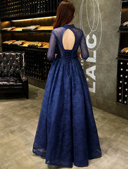 A-Line Evening Gown Beautiful Back Dress Wedding Guest Floor Length Half Sleeve V Neck Lace with Beading