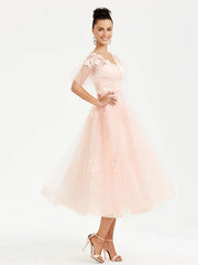 A-Line Prom Dresses Elegant Dress Wedding Guest Tea Length Short Sleeve V Neck Tulle with Appliques