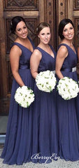 V-neck A-line Navy Long Bridesmaid Dresses - RongMoon
