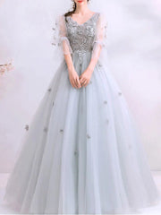 Gray Floral Half Sleeve Appliques V Neck Prom Dress