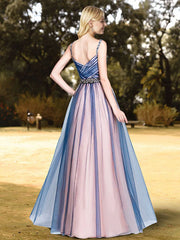 Champagne Tulle Spaghetti Straps A Line Prom Dress
