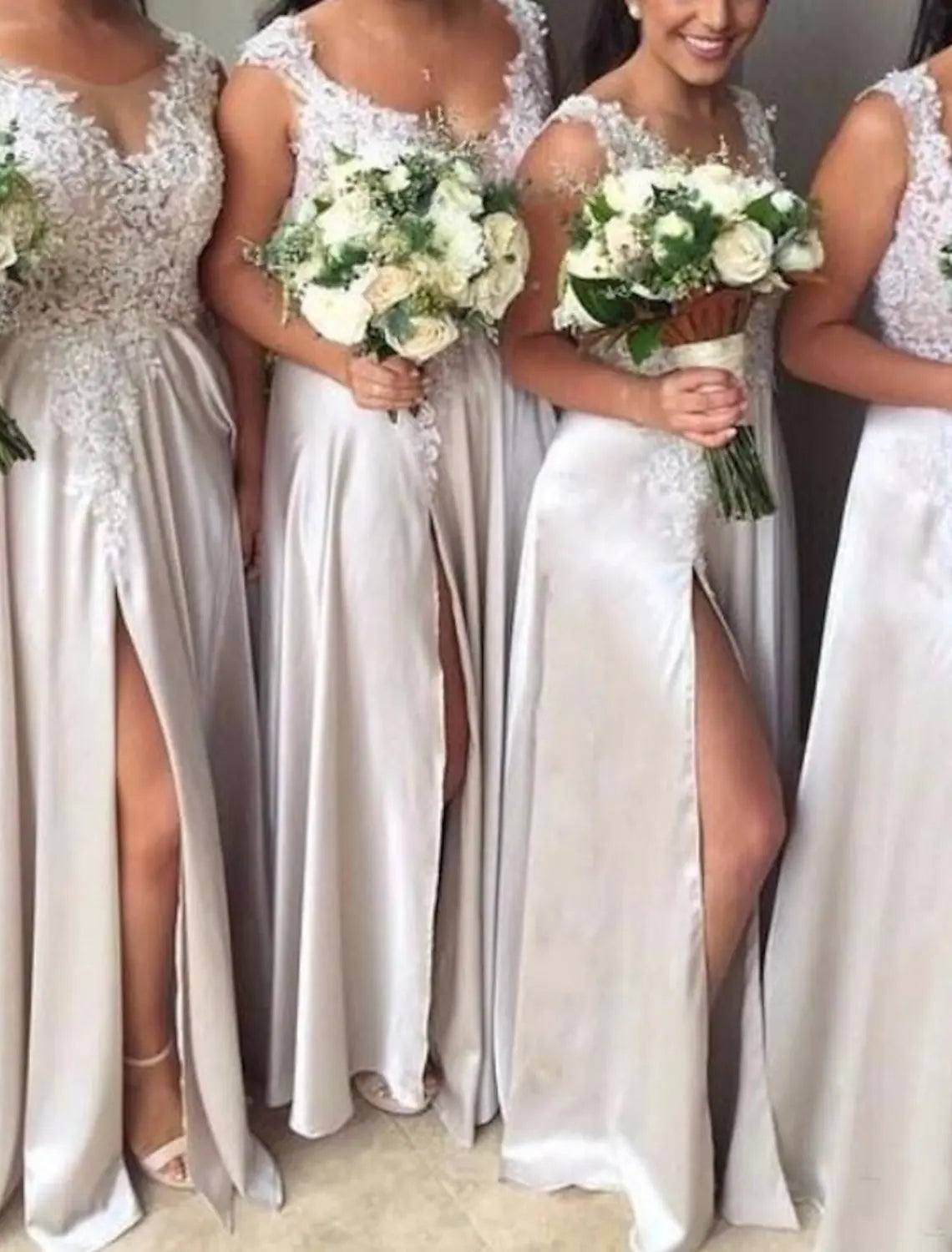 A-Line Bridesmaid Dress V Neck Sleeveless Elegant Sweep / Brush Train Lace / Charmeuse with Split Front / Solid Color - RongMoon