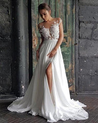 Lace Back Chiffon Wedding Dress Cap Sleeves