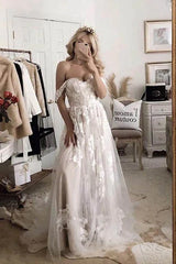 A Line Off Shoulder Lace Boho Wedding Dress