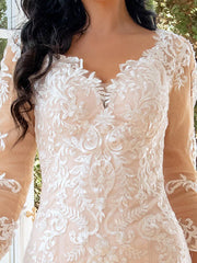 Engagement Formal Wedding Dresses Sweep / Brush Train Mermaid / Trumpet Long Sleeve Sweetheart Lace With Appliques