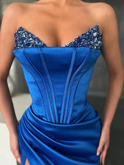 Royal Blue Satin Strapless Prom Dress With Slit