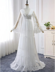 Long Sleeve Lace V Neck Backless Wedding Dress