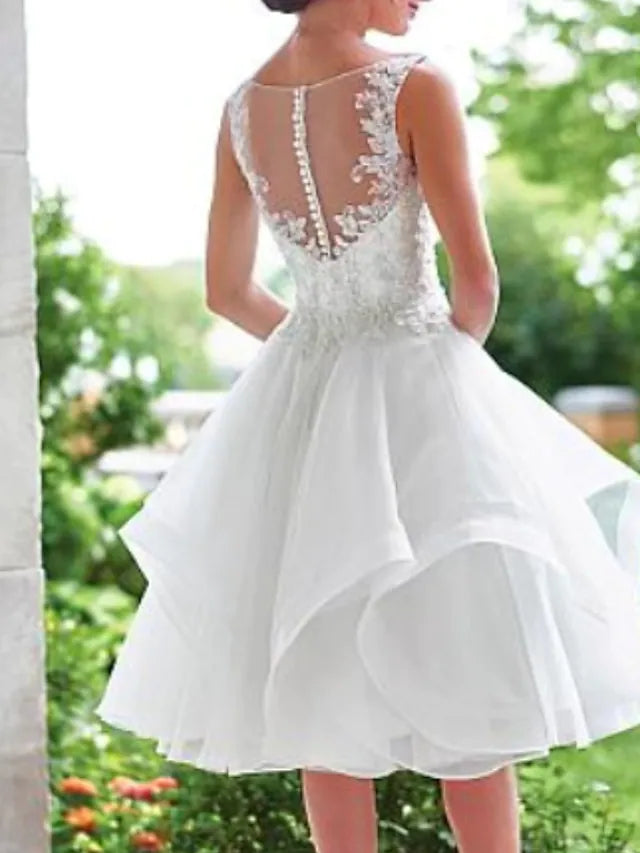 Little White Dresses Wedding Dresses Knee Length A-Line Sleeveless V Neck Lace With Appliques Cascading Ruffles - RongMoon