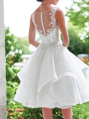 Little White Dresses Wedding Dresses Knee Length A-Line Sleeveless V Neck Lace With Appliques Cascading Ruffles - RongMoon