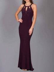 Sheath / Column Bridesmaid Dress Halter Neck Sleeveless Elegant Sweep / Brush Train Lace with Beading - RongMoon