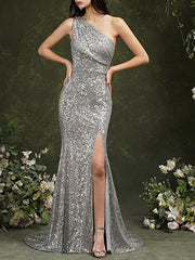 Gray One Shoulder Trumpet Mermaid Prom Dress