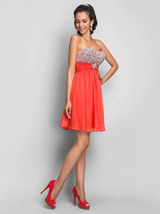 A-Line Cute Dress Wedding Guest Short / Mini Sleeveless Sweetheart Chiffon with Ruched Crystals Beading