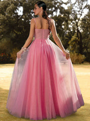 Pink See Through Spaghetti Strap Prom Dress