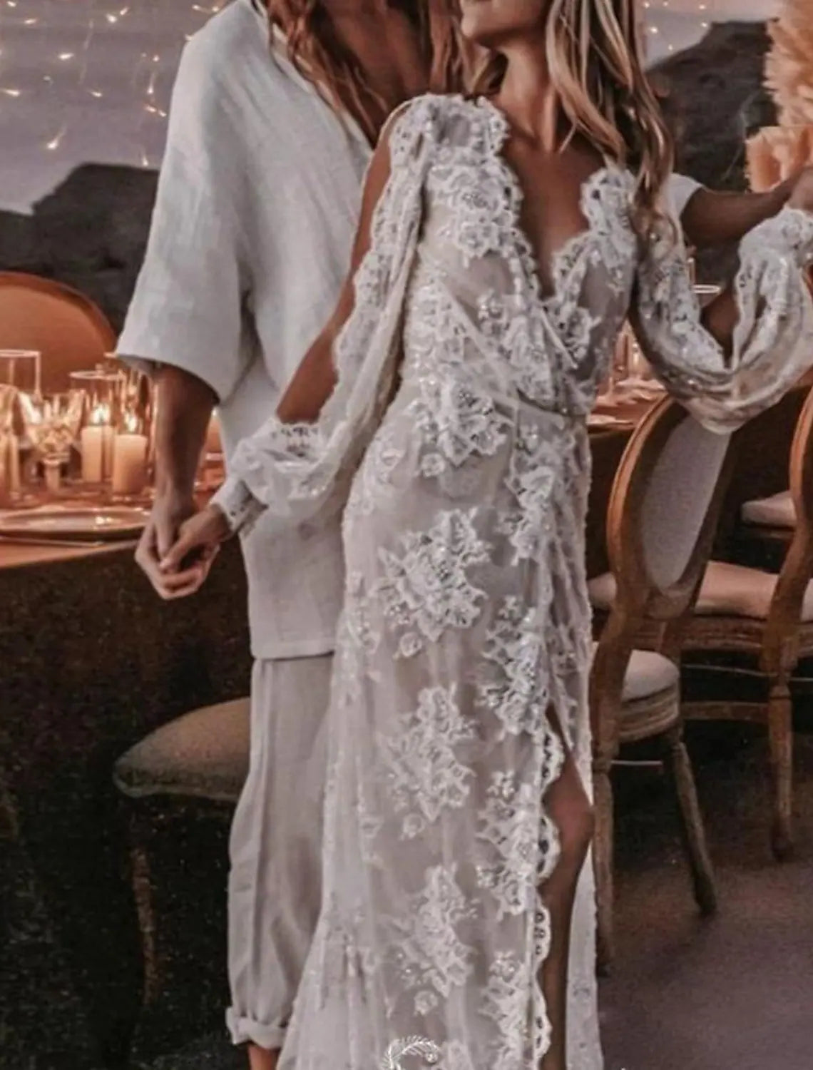 Beach A-Line Wedding Dresses Sweep / Brush Train Boho Sexy Long Sleeve V Neck Lace With Appliques Split Front - RongMoon