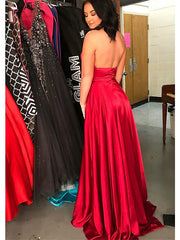 A-Line Prom Dresses Sexy Dress Formal Court Train Sleeveless High Neck Imitation Silk Backless with Pleats
