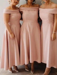 A-Line Bridesmaid Dress Off Shoulder Short Sleeve Sexy Asymmetrical Stretch Fabric with Pleats - RongMoon