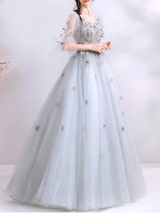 Gray Floral Half Sleeve Appliques V Neck Prom Dress