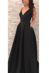 V-neck Satin Sweep Train Pockets Prom Dresses