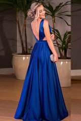 A-line V-neck Satin Prom Dresses