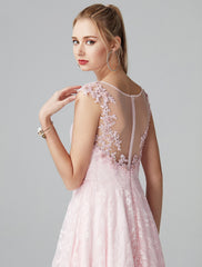A-Line Prom Dresses Floral Dress Evening Party Wedding Guest Ankle Length Short Sleeve Illusion Neck Lace Zipper with Appliques