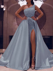 One Shoulder Sequin Detachable Train Prom Dress