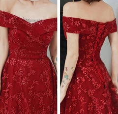 Off Shoulder Burgundy Lace Appliques Long Prom Dress, Off Shoulder Burgundy Formal Dress, Burgundy Lace Evening Dress - RongMoon