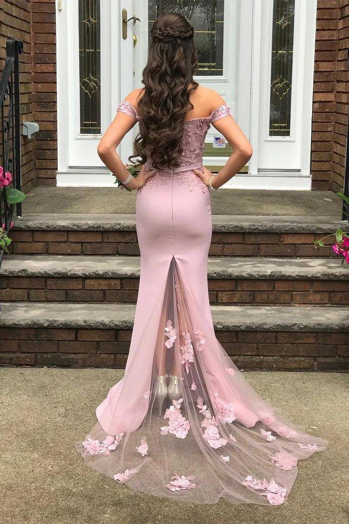 Off Shoulder Mermaid Floral Lavender Lace Prom Dress, Off Shoulder Lilac Lace Formal Dress, Mermaid Lavender Lace Evening Dress - RongMoon