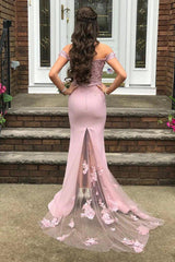 Off Shoulder Mermaid Floral Lavender Lace Prom Dress, Off Shoulder Lilac Lace Formal Dress, Mermaid Lavender Lace Evening Dress - RongMoon