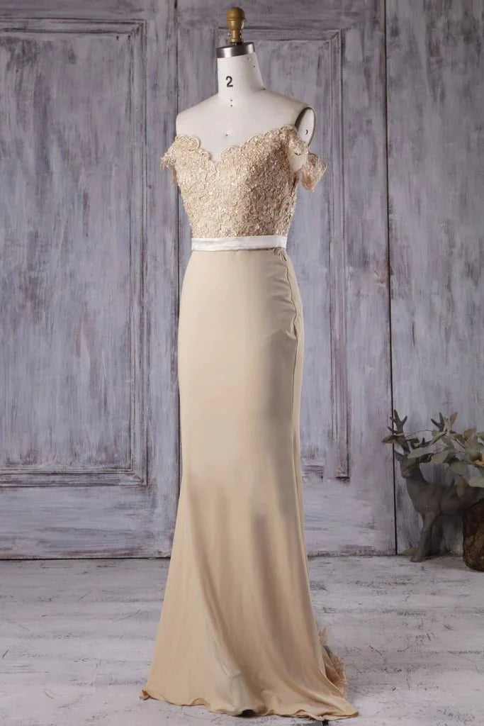 Off the Shoulder Mermaid Champagne Lace Long Prom Dress, Off Shoulder Mermaid Champagne Formal Graduation Evening Dress, Mermaid Champagne Lace Bridesmaid Dress - RongMoon
