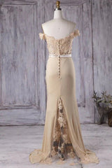 Off the Shoulder Mermaid Champagne Lace Long Prom Dress, Off Shoulder Mermaid Champagne Formal Graduation Evening Dress, Mermaid Champagne Lace Bridesmaid Dress - RongMoon