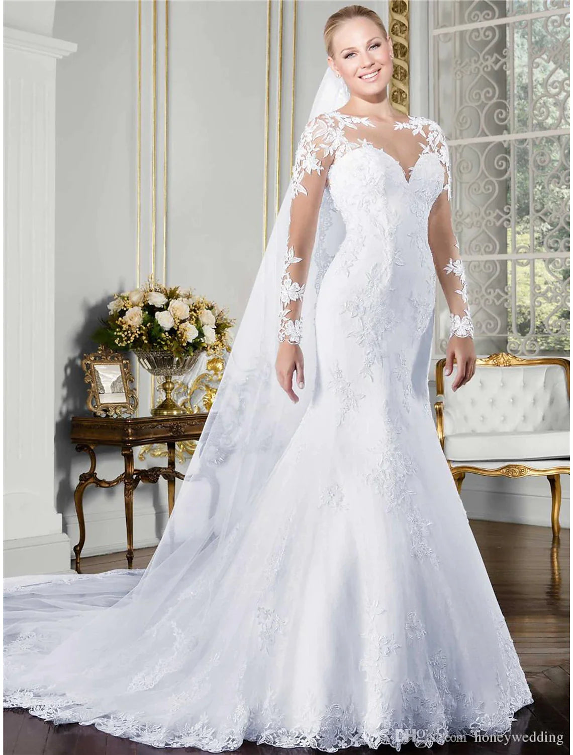 Engagement Formal Wedding Dresses Mermaid / Trumpet Illusion Neck Long Sleeve Court Train Lace Bridal Gowns With