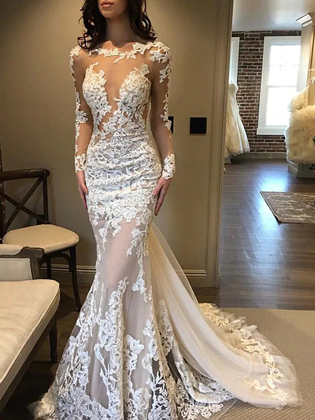 Engagement Formal Wedding Dresses Court Train Mermaid / Trumpet Long Sleeve Jewel Neck Lace With Pleats Appliques - RongMoon