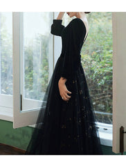 A-Line Bridesmaid Dress Jewel Neck Long Sleeve Elegant Floor Length Tulle / Velvet with Sequin / Bandage - RongMoon