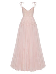 A-Line Prom Dresses Elegant Dress Wedding Guest Floor Length Sleeveless Spaghetti Strap Tulle with Pleats Ruffles